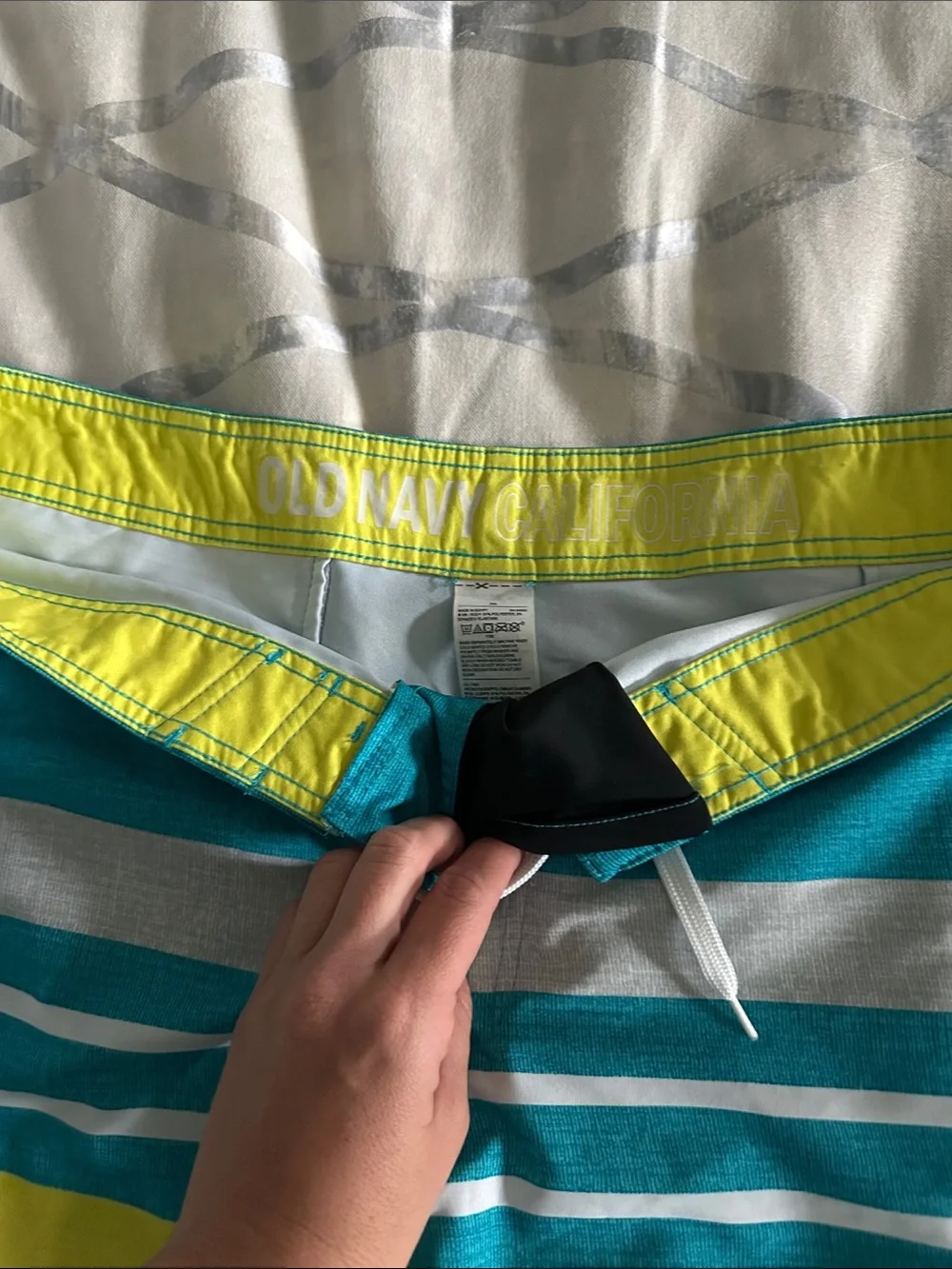 Old Navy Teal, Yellow and Light Blue Striped Swim Shorts